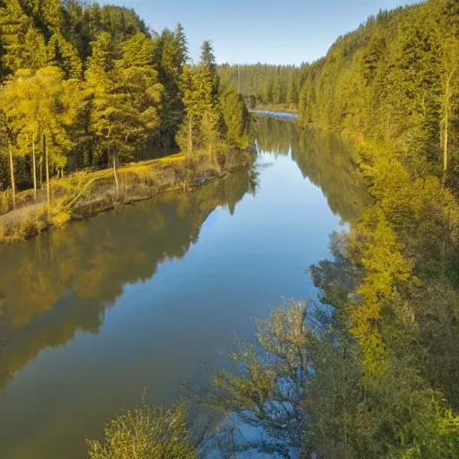 Prompt: A very long river flowing into a lake of pure gold, hidden in the middle of a dense forest of tall trees, with lots of light clouds in the bright blue sky, in the late afternoon.