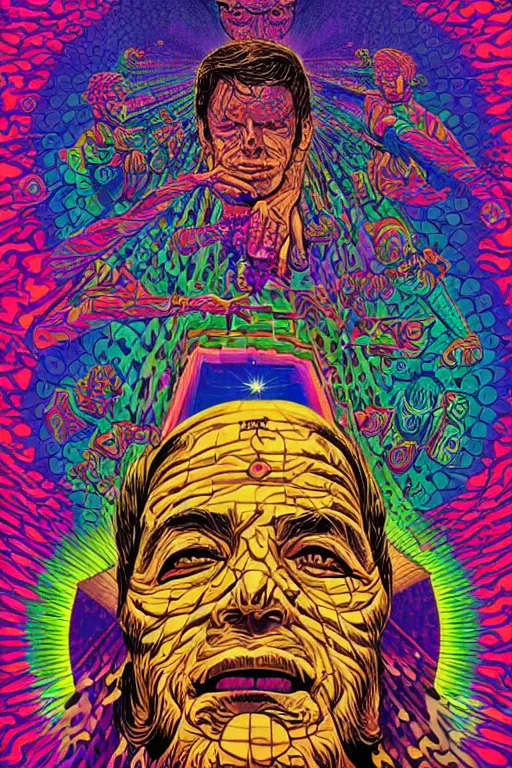 Image similar to a man tries a tab of LSD acid for the first time and hallucinates, by jack kirby, alex grey and dan hillier, colorful flat design, hd, 8k