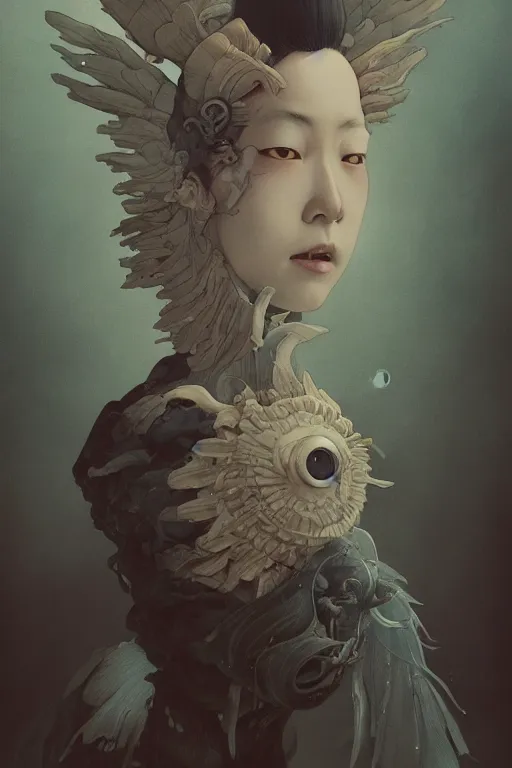 Prompt: a portrait of a japanese ghost illustrated by miyazaki by karol bak, james jean, tom bagshaw, rococo, sharp focus, trending on artstation, cinematic lighting, hyper realism, octane render, 8 k, hyper detailed, vivid, ultra detailed, highly detailed