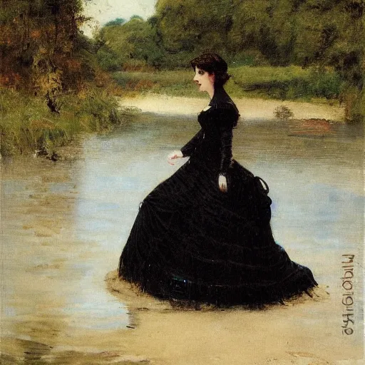 Image similar to young victorian lady in ball gown wading through a river, painted by alfred stevens