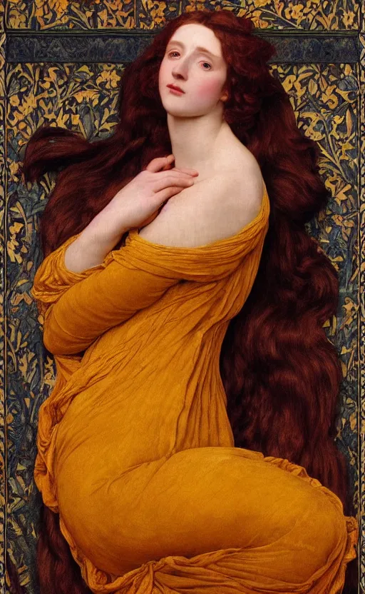 Prompt: preraphaelite full body reclining portrait photography masterpiece, perfectly poised, foreshortening, brown hair fringe, yellow ochre ornate medieval dress, frederic leighton, background by william morris and kilian eng, framed, 4 k
