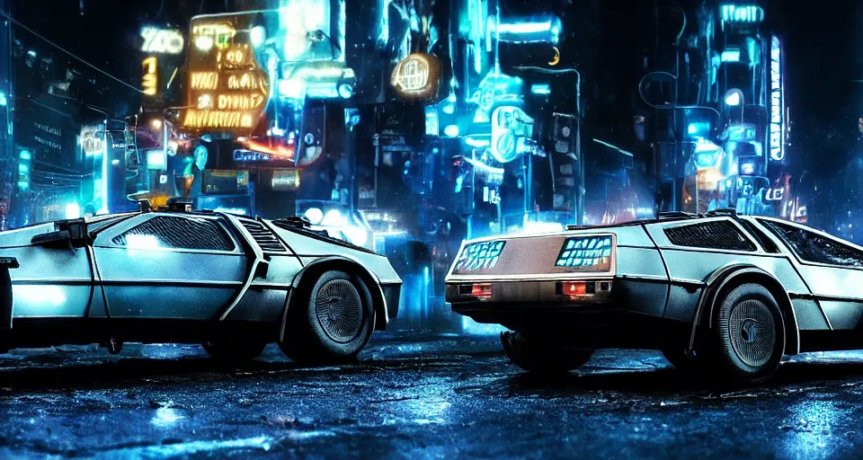 Image similar to a 2 8 mm closeup photo of a tela tron neon delorean back to the future car on wet city street at night, intricate, hyper detailed, smooth, high contrast, neon, volumetric lighting, octane, moebius, greg rutkowski, blade runner, ripley scott, mad max, cindmatic