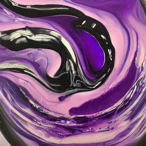 Prompt: thick swirling purple liquid with black glitter in an closed glass vial, mid shot, realistic, oil painting, high detail