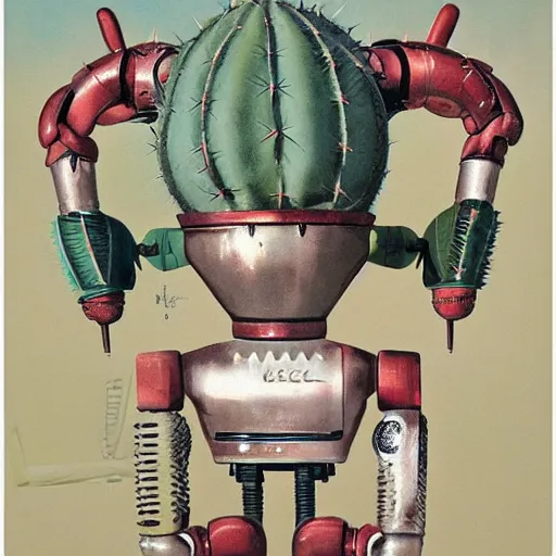 Image similar to 1950s retro cactus robot, with spikes on the head. Bionic Arms and eyes. pop surrealism, muted colours. by Jean-Baptiste Monge, wide shot