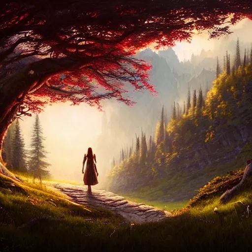 Image similar to beautiful matte painting of archway fantasy path into the mountainous sloping meadow and slightly forested background, atmospheric lighting, painted, intricate, volumetric lighting, beautiful, rich deep colors masterpiece, sharp focus, ultra detailed by leesha hannigan, ross tran, thierry doizon, kai carpenter, ignacio fernandez rios