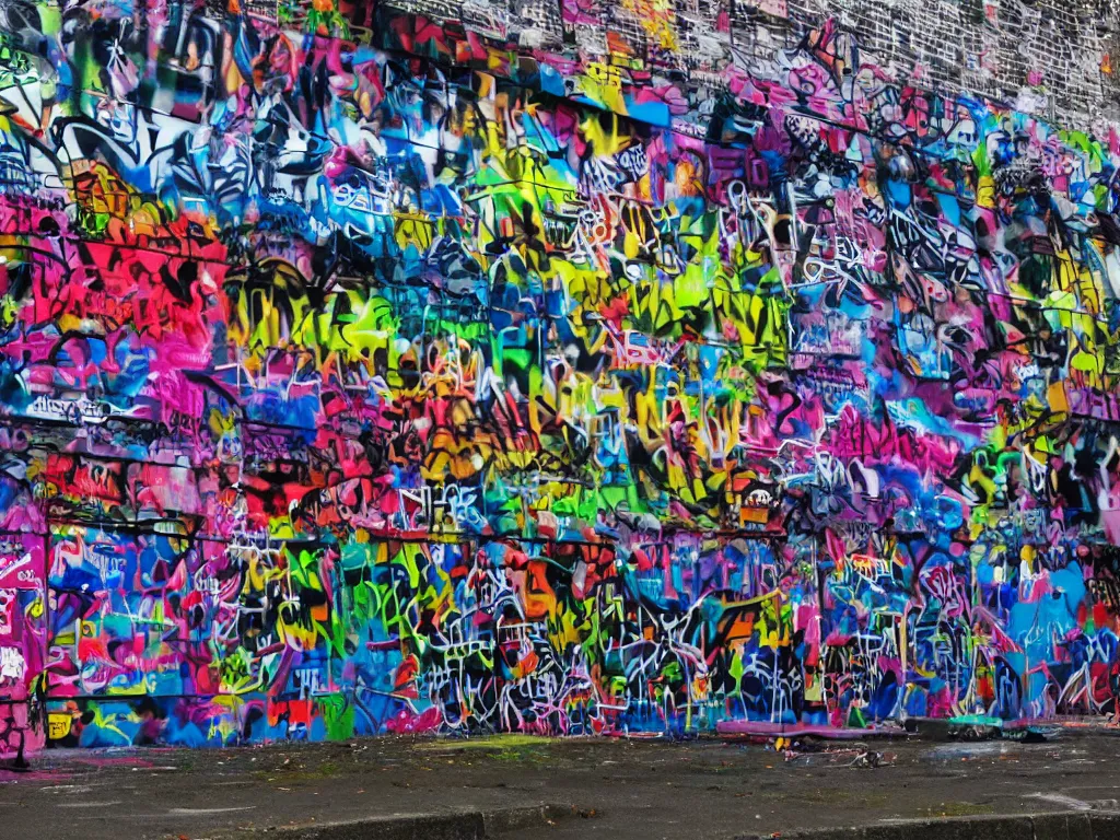 Prompt: photo of black cathedral covered in colorful graffiti