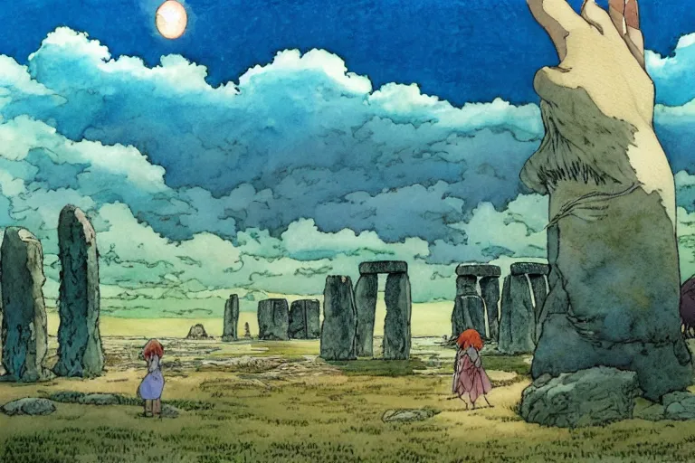 Image similar to a hyperrealist studio ghibli watercolor fantasy concept art. in the foreground is a giant hand lifting a stone. in the background is stonehenge. the scene is underwater on the sea floor. by rebecca guay, michael kaluta, charles vess