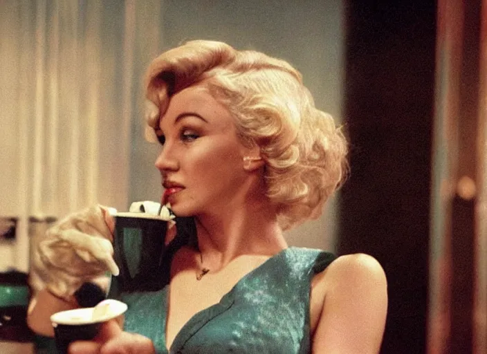 Image similar to a close - up, color cinema film still of a marlin monroe drinking coffee at a starbucks, ambient lighting at night, from matrix ( 1 9 9 9 ).