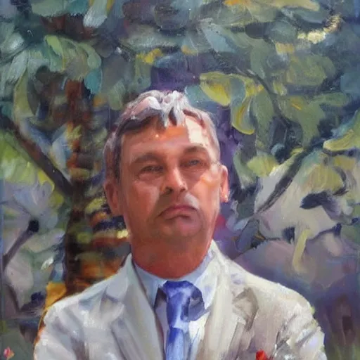 Image similar to viktor orban protecting a tree, oil painting