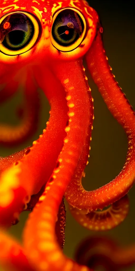 Image similar to fiery whimsical emotional eyes cephalopod, in a photorealistic macro photograph with shallow dof