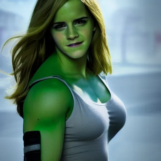 Prompt: Emma Watson as She-Hulk, full shot, f/22, 35mm, backlit