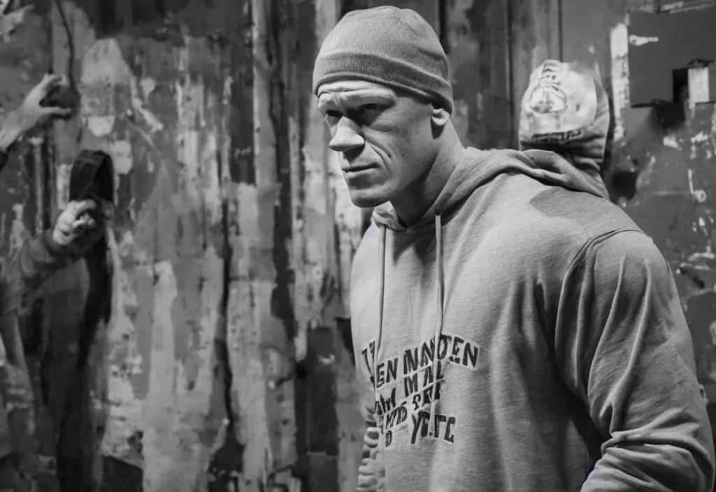 Image similar to john cena with a gray cap and a gray hoodie with the hood on. He's in a rap battle at an abandoned warehouse. A big crowd of people is watching. Lose yourself by eminem music video.