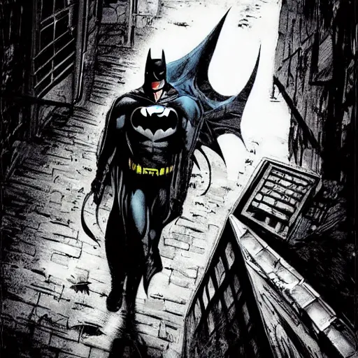 Prompt: the batman appearing out of the shadows in an alley, artwork by jim lee, frightening, fear, scary, intimidating, digital art