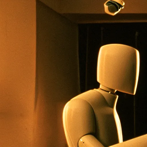 Prompt: movie scene of a man with a robot head, movie still, cinematic composition, cinematic light, criterion collection, reimagined by industrial light and magic, Movie by David Lynch and Ridley Scott and andrzej zulawski