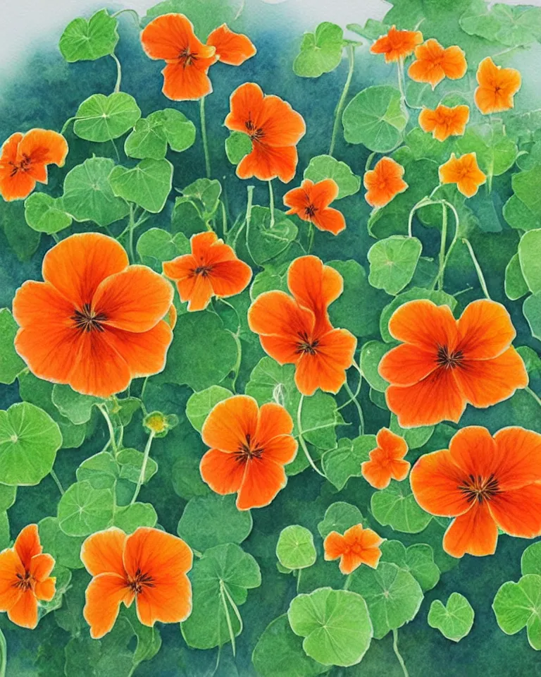 Image similar to award winning watercolour painting of nasturtiums