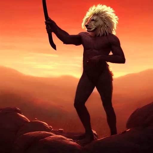 Prompt: commission of a male anthropomorphic albino lion holding a sword under a red sky,digital art,art by greg rutkowski,trevor henderson,ross tran,photorealistic,hyperdetailes,highly realistic,natural lighting,deviantart,artstation,dramatic,cinematic,4k,western comic style