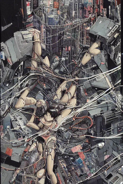 Image similar to a hyper-detailed cyberpunk illustration of a group of female androids' bodies torn apart, with cables and wires coming out, lying scattered in various poses over an empty floor, by masamune shirow and katsuhiro otomo, seen from above, japan 1980s, no background