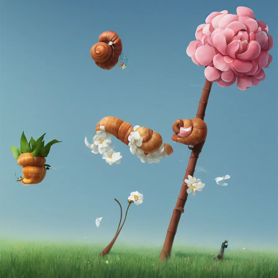 Image similar to Side view of a snail climbing up the pole of the tallest flower in the field, art by Goro Fujita, ilustration, concept art, sharp focus, ArtStation and deviantart