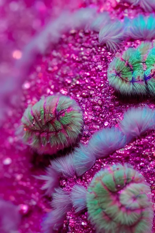 Image similar to high quality close-up photo pearlescent fluffy caterpillar! gorgeous highly detailed hannah yata elson peter cinematic pink lighting high quality low angle hd 8k sharp shallow depth of field