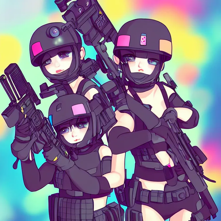 Prompt: kawaii swat team, colorful, fashion, photography, cute, highly detailed, realistic, depth of field