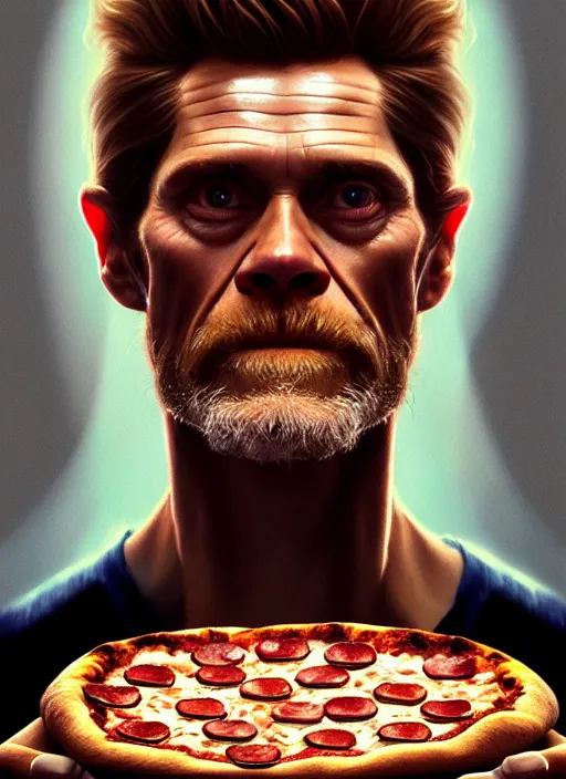 Image similar to portrait of willem dafoe staring intently at a pizza, crying, intricate, elegant, glowing lights, highly detailed, digital painting, artstation, concept art, smooth, sharp focus, illustration, art by wlop, mars ravelo and greg rutkowski