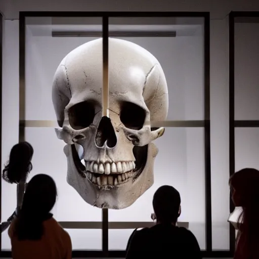 Image similar to Human skull in a museum with alien tourists looking at it, alien language, science fiction