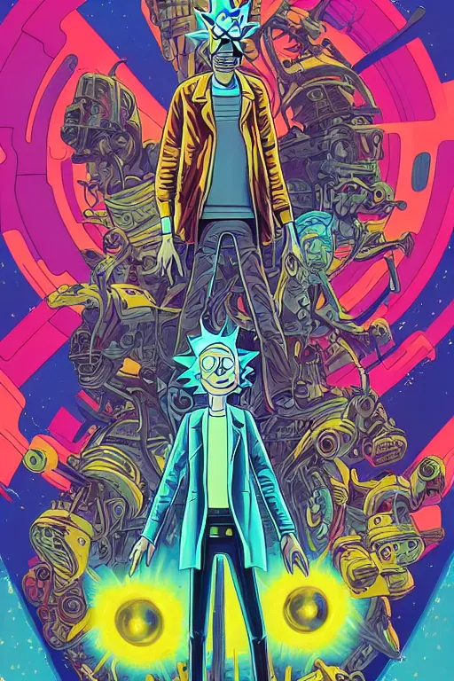 Image similar to Rick and Morty save the multiverse, science fiction, retro cover, high details, intricate details, by vincent di fate, artgerm julie bell beeple, 60s, inking, vintage 60s print, screen print