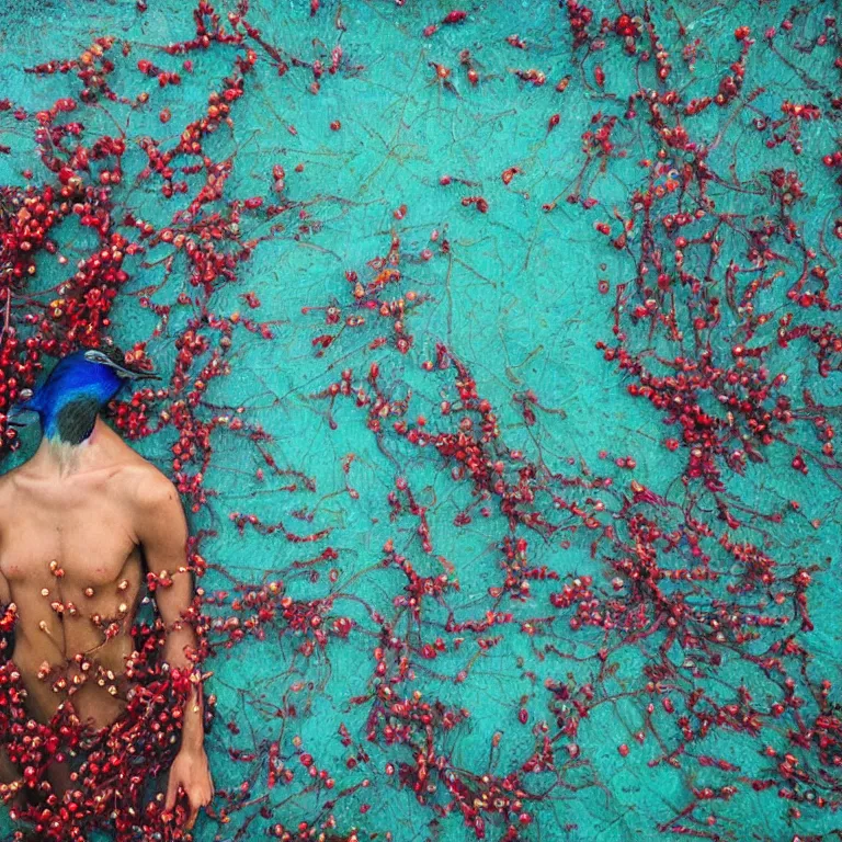 Image similar to human with the sea and the forest inside, veins diverge through the body like rivers filmed on a satellite, a person is decorated with wild berries, a beautiful bird is looking at him next, colorful picture