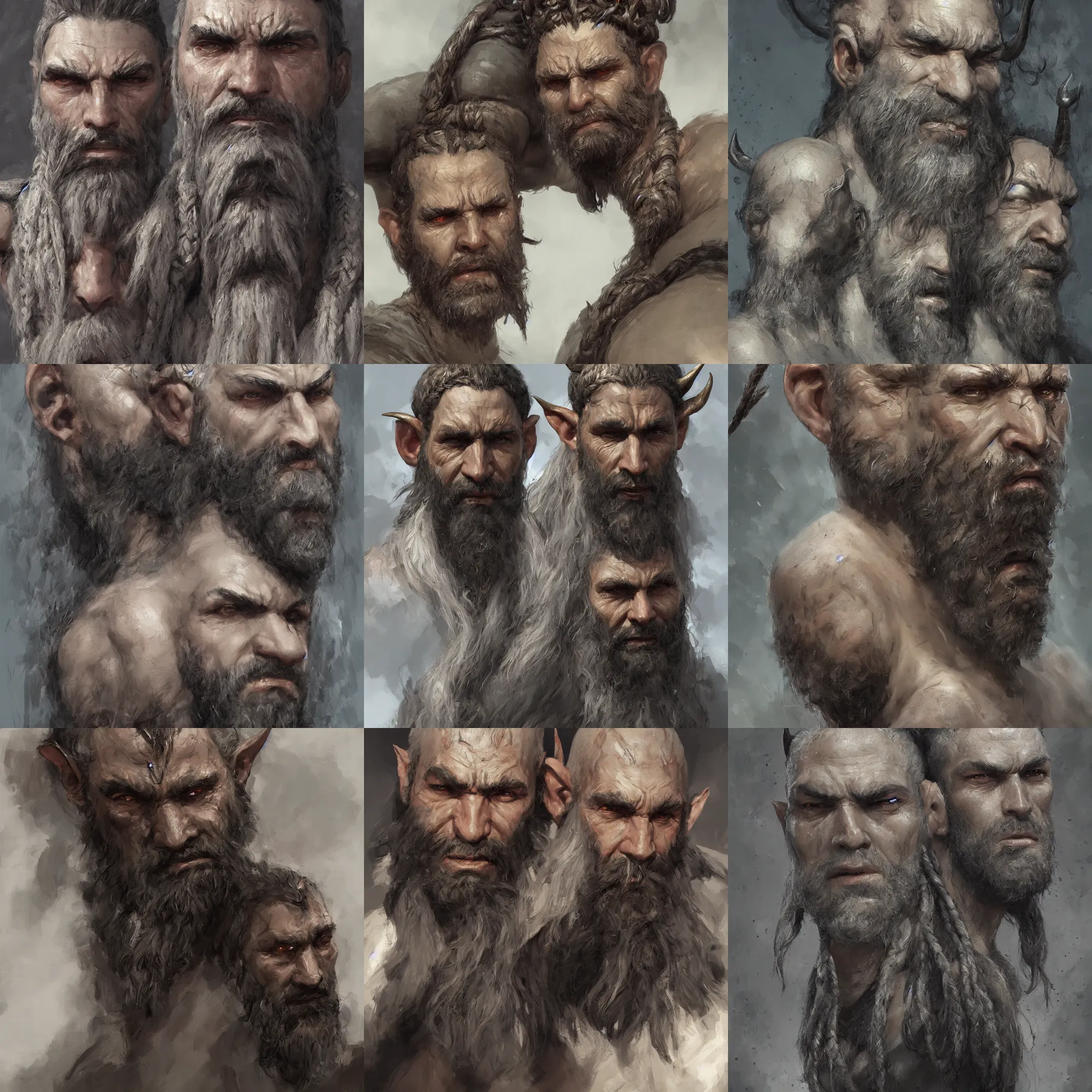 Prompt: painting of goliath, braided hair and beard. Grey skin. Elf ears, horns Portrait. Craig mullins. ArtStation, CGSociety, Unreal Engine