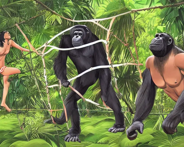 Image similar to gorillas playing volleyball in a jungle with a volleyball, volleyball net, digital illustration, inspired by greg rutkowski and artgerm, high detail