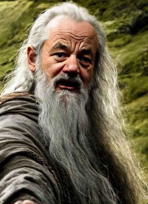 Prompt: bill murray as a gandalf in lord of the rings, 4 k movie screen capture, post processed, uhd, hdr.