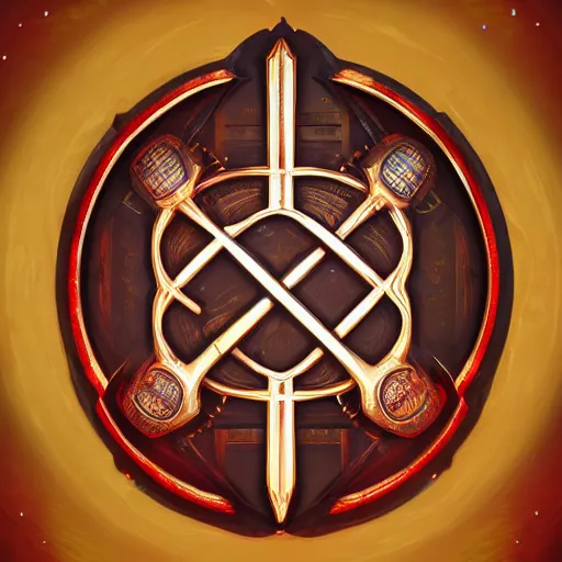 Image similar to symmetrical game sigil of giant medieval swords crossed, red powerful fantasy epic legends, game icon stylized, digital illustration radiating, a glowing aura, global illumination, ray tracing, 8 k high definition, intricate details, octane render, unreal engine, trending on arstation