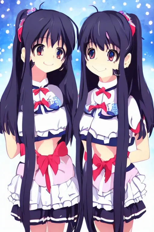 Prompt: two beautiful female idols with twintails standing chest to chest on stage, detailed anime art