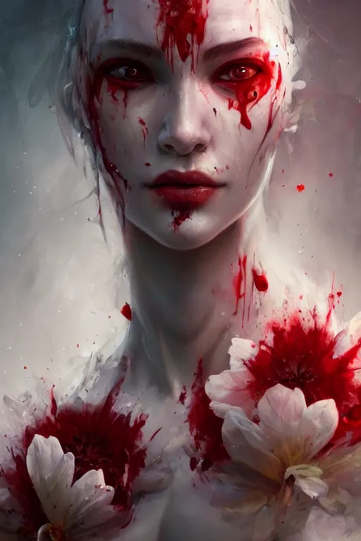 Prompt: abstract face closeup of beautiful girl predator covered with blood, white horns, 3 d render, hyper realistic detailed portrait, holding magic flowers, ruan jia, wlop. scifi, fantasy, hyper detailed, octane render, concept art, by peter mohrbacher, by wlop, by ruan jia