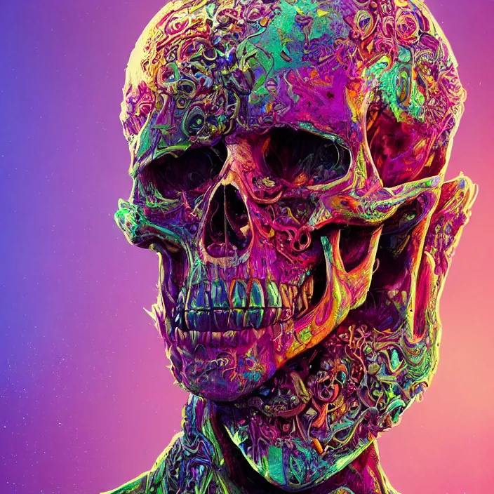 Image similar to portrait of a hypercolor skull. infected with zombie virus. intricate abstract. intricate artwork. nightmare fuel. by Tooth Wu, wlop, beeple, dan mumford. octane render, trending on artstation, greg rutkowski very coherent symmetrical artwork. cinematic, hyper realism, high detail, octane render, 8k, iridescent accents