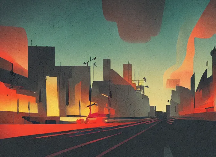 Image similar to editorial illustration by Karolis Strautniekas and Mads Berg, colorful, city of the lost,sky on fire, fine texture, detailed, matte colors, film noir, dramatic lighting, dynamic composition, moody, vivid, volumetric