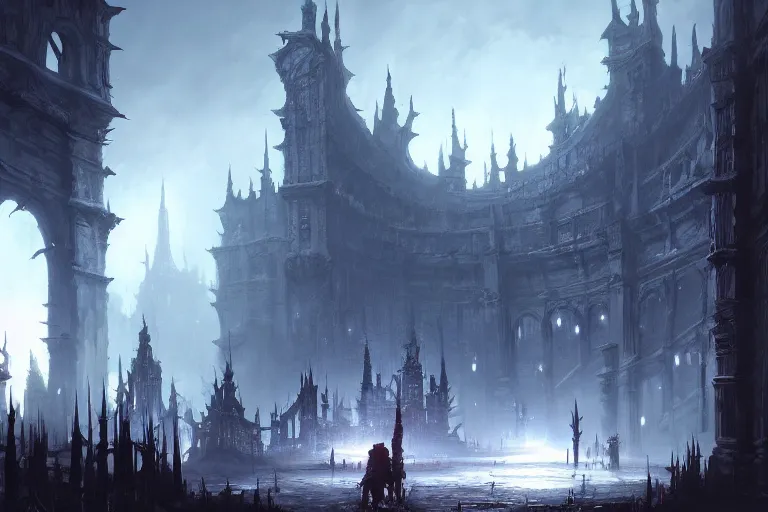 Image similar to collaborative environment concept art by Tyler Edlin, Andy Park, Feng Zhu, James Paick, Ryan Church, in the style of Bloodborne