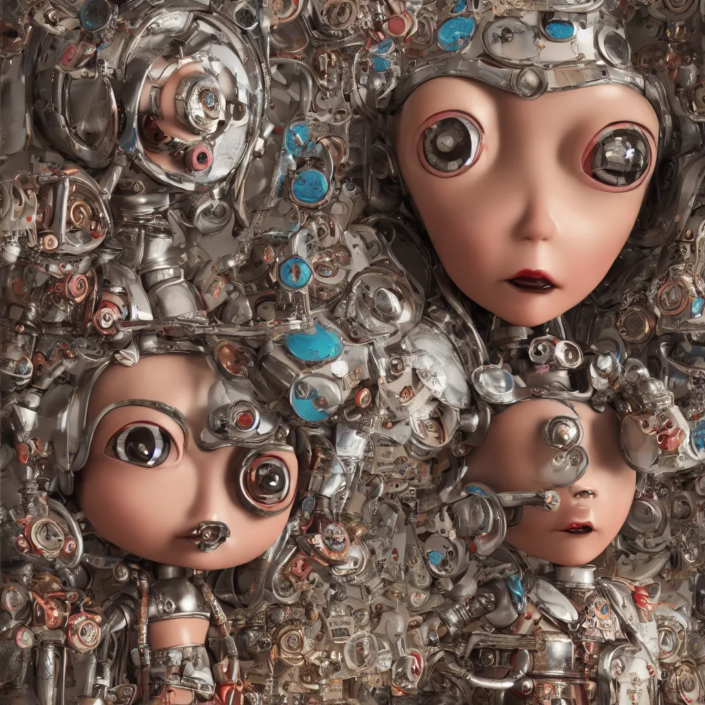 Image similar to closeup portrait of tin toy robot bikini girl trap, depth of field, zeiss lens, detailed, symmetrical, centered, fashion photoshoot, by nicoletta ceccoli, mark ryden, lostfish, breathtaking, 8 k resolution, extremely detailed, beautiful, establishing shot, artistic, hyperrealistic, octane render
