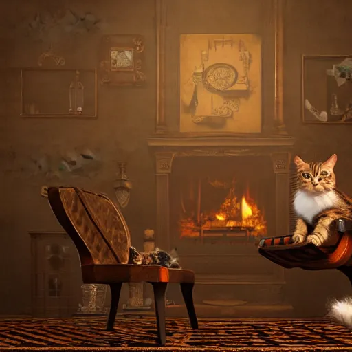 Image similar to a 3 d render of steampunk cat sits in a chair in front of a fireplace in a book lined room and smokes a pipe, high realistic, high detailed, octane render