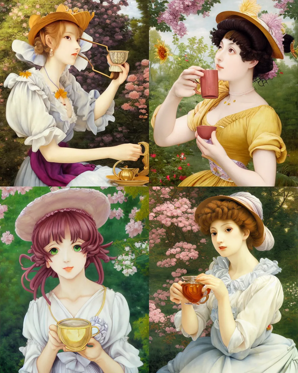 Prompt: oil painting of elegantly dressed touhou character drinking tea in a dreamy garden, beautiful symmetrical face and body, rule of thirds, golden ratio, oil on canvas, highly detailed, warm color scheme art rendition, soft lighting, sharp focus, unique art rendition by adelaide labille - guiard, artemisia gentileschi in high quality anime artstyle