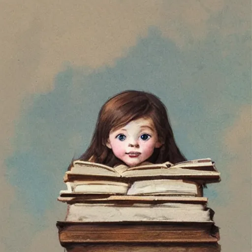 Image similar to a cute little girl with a round cherubic face, blue eyes, and short wavy light brown hair sitting on top of a stack of books. beautiful cartoon painting with flat colors and highly detailed face by quentin blake and greg rutkowski