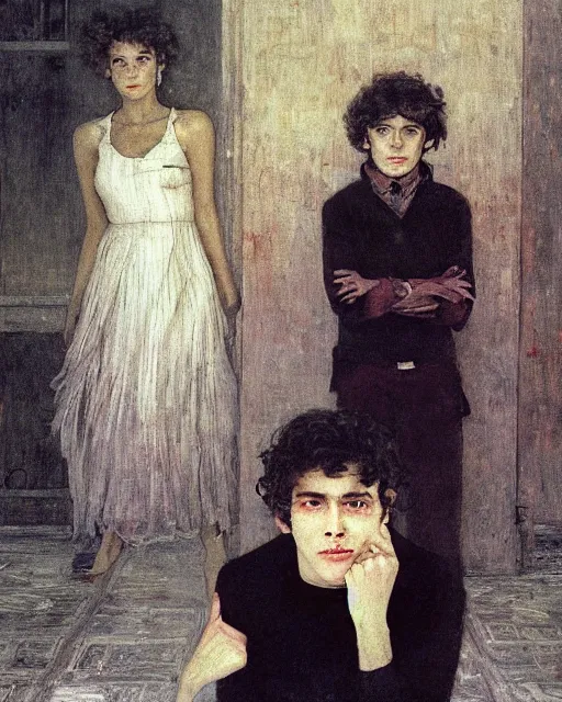 Image similar to two handsome but creepy young people in layers of fear, with haunted eyes and curly hair, 1 9 7 0 s, seventies, wallpaper, a little blood, moonlight showing injuries, delicate embellishments, painterly, offset printing technique, by coby whitmore, jules bastien - lepage