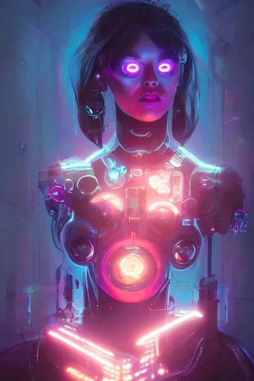 Prompt: portrait of a trippy cyborg girl with biotechnical parts and neon light by Artgerm and Greg Rutkowski , digital painting, highly detailed, trending on artstation