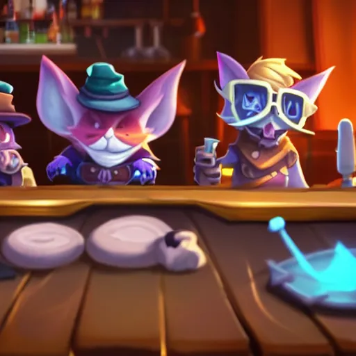 Image similar to yordles from TFT hanging out with his best friends at the bar