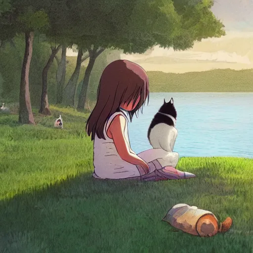 Image similar to girl sitting by the lake with her cat, sunshine, studio ghibli, trending on artstation