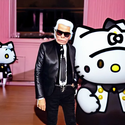 Prompt: photograph of Karl Lagerfeld wearing a hello kitty tshirt , highly detailed, 8k, cinematic,