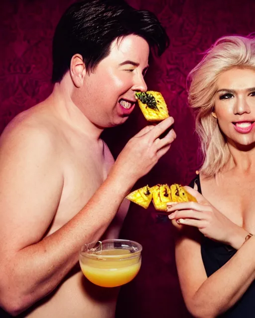 Prompt: A drunk Michael Mcintyre with a blonde woman eating pineapple in a nightclub,real life skin, intricate, elegant, highly detailed, artstation, concept art, smooth, sharp focus, photo