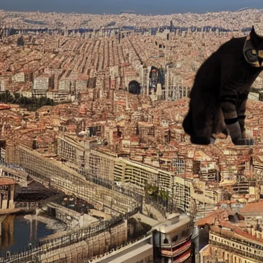 Image similar to a hairy giant cat destroying barcelona with laser eyes