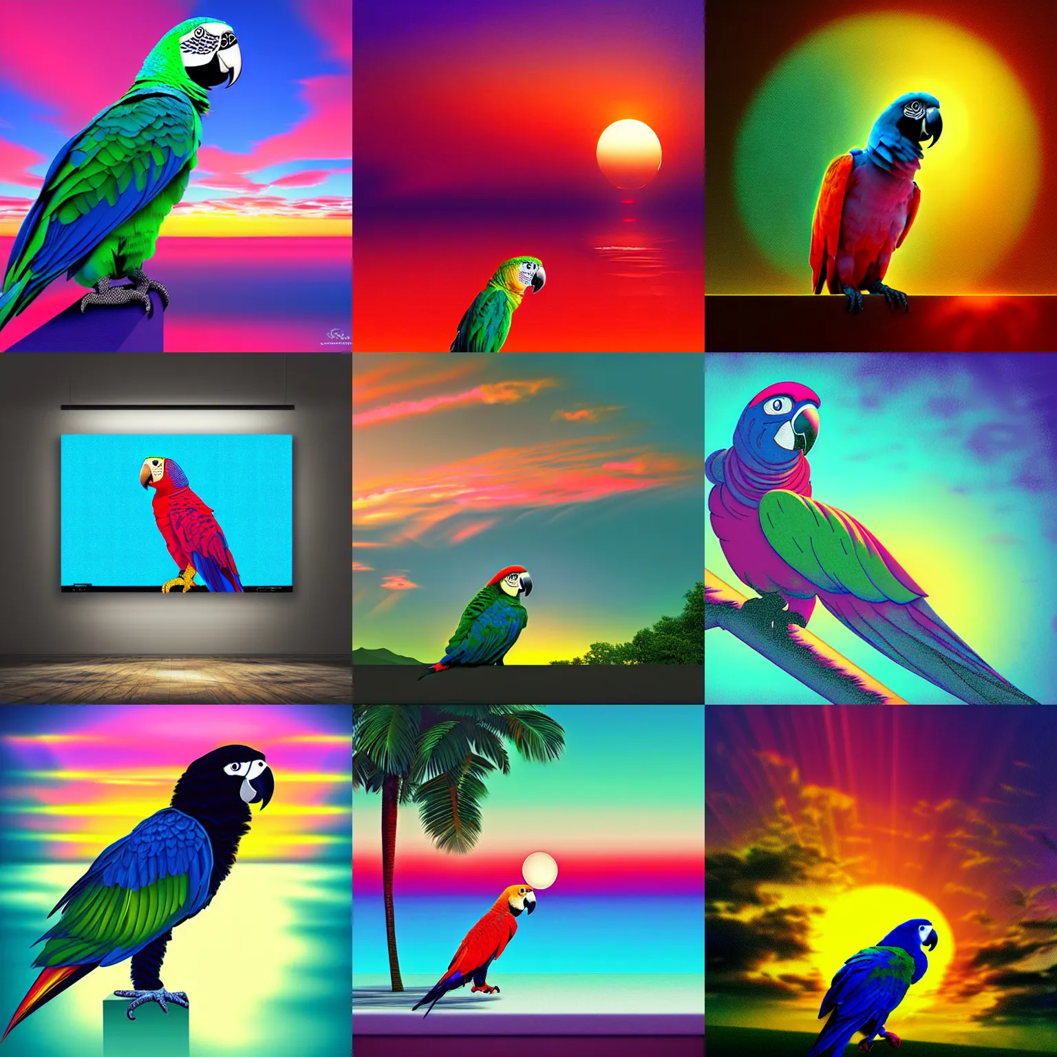 Prompt: lonely parrot looking at the vaporwave sunset, dark, shadows, light rays, hyperrealistic, digital art, extremely high detail