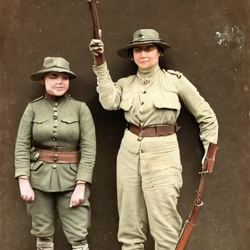 Image similar to action heroine posing with her ww 1 warband by alfred stevens